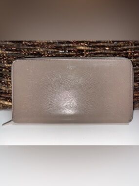 Celine Taupe Pebbled Leather Zip Around Wallet Minimalist